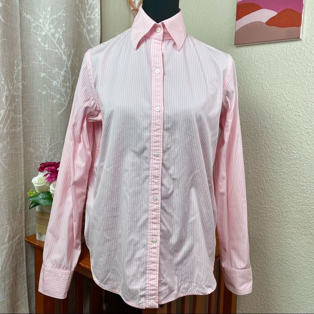 Ralph Lauren Pink and White Striped Polo Long Sleeve Women Top